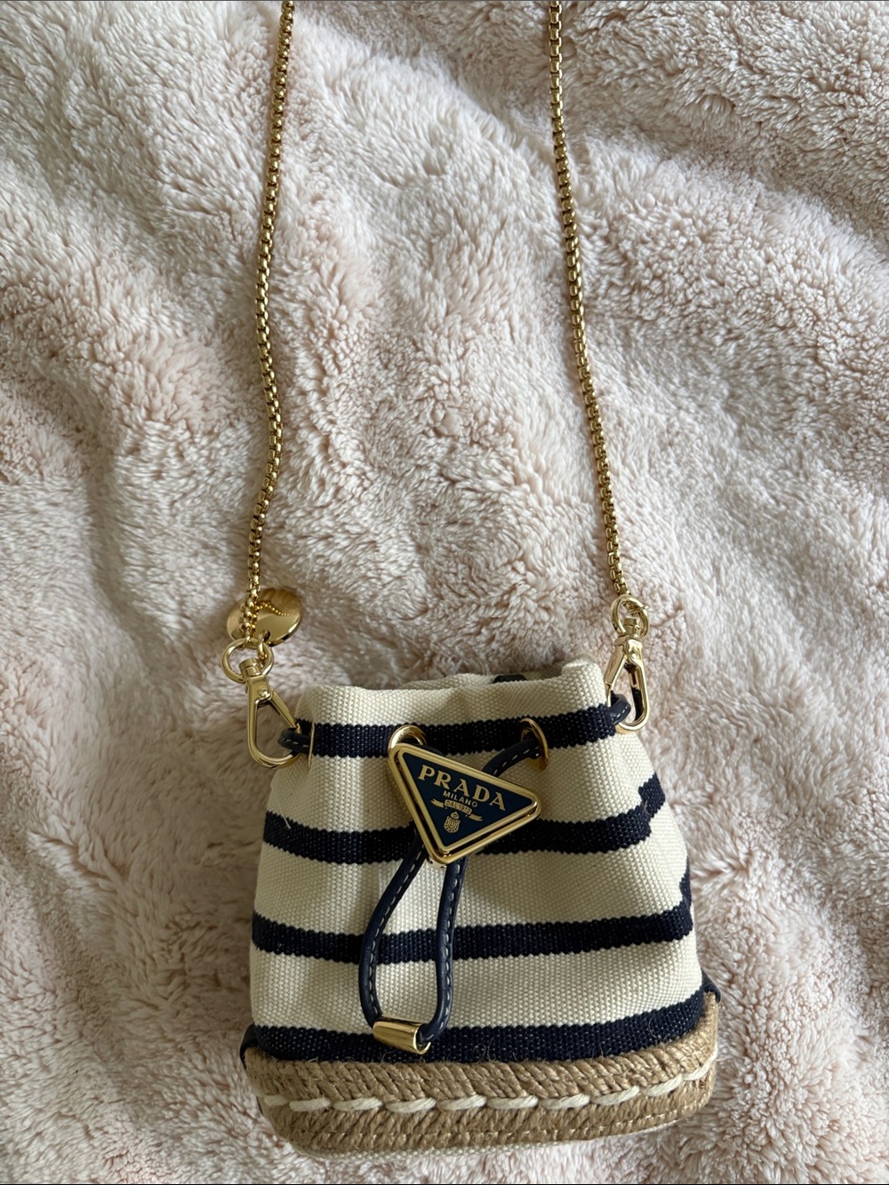 Prada Cream and Navy Striped Mini Bucket Bag with Gold Chain